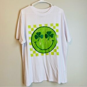 Freeze White Tee with Green Smiley Design and clover